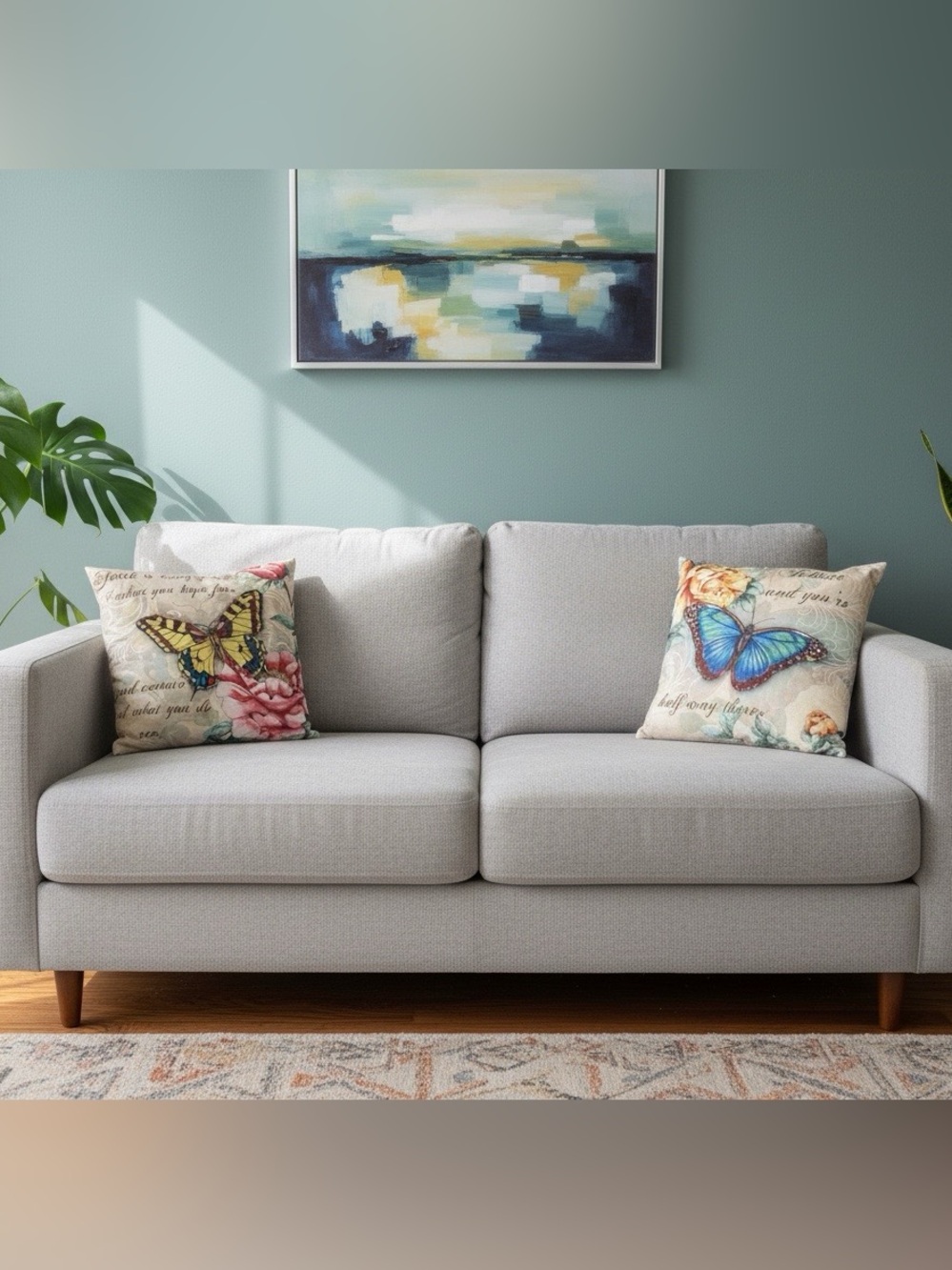 Decorative Butterfly Throw Pillow Set of 2 Cream and Blue (Preloved)